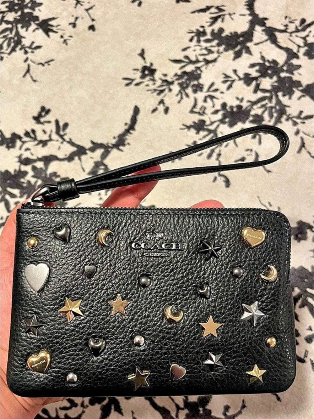 Coach Corner Zip Wristlet with Celestial Print Black